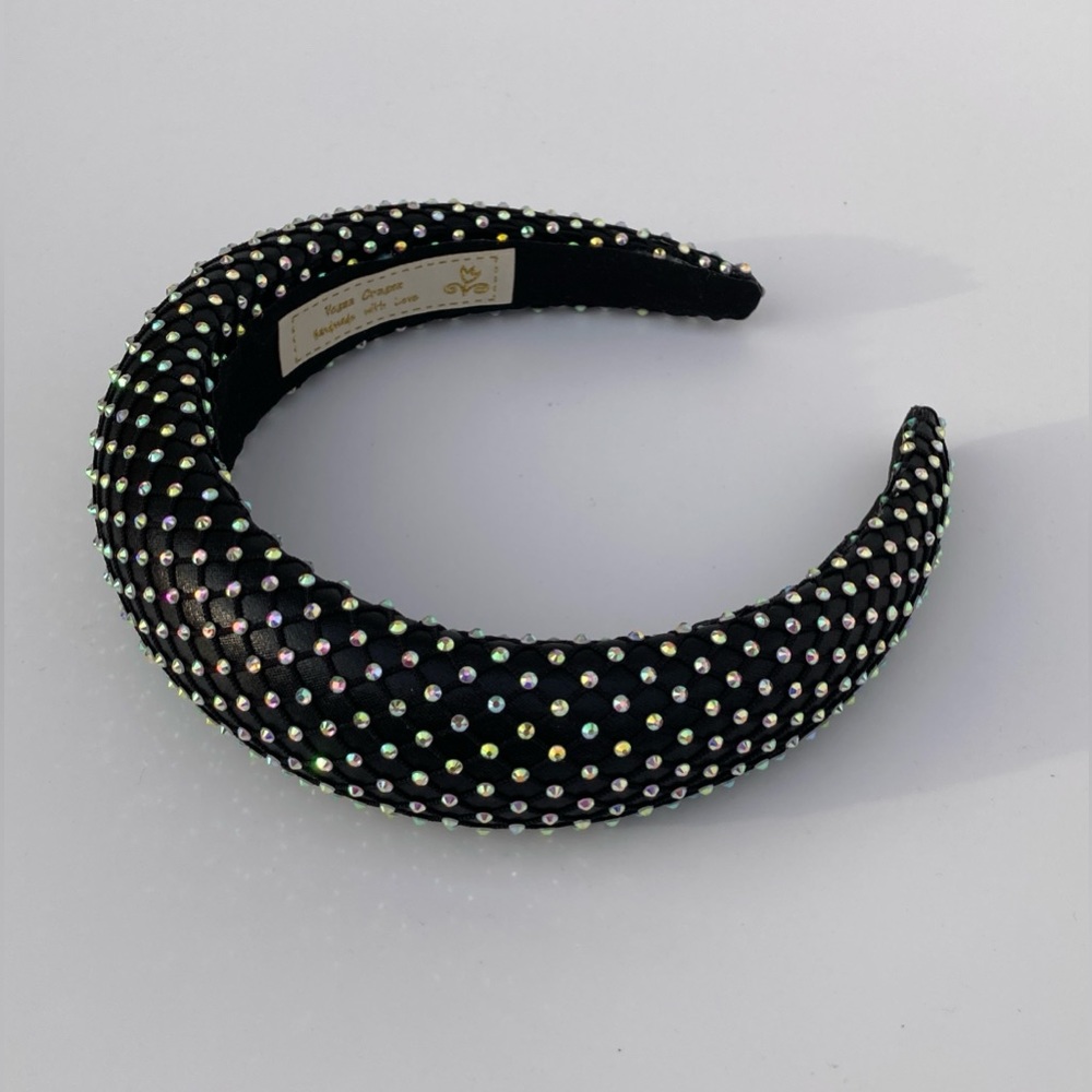 Black Padded 1.5” Headband with Rhinestone-Adorned Mesh Overlay Handmade